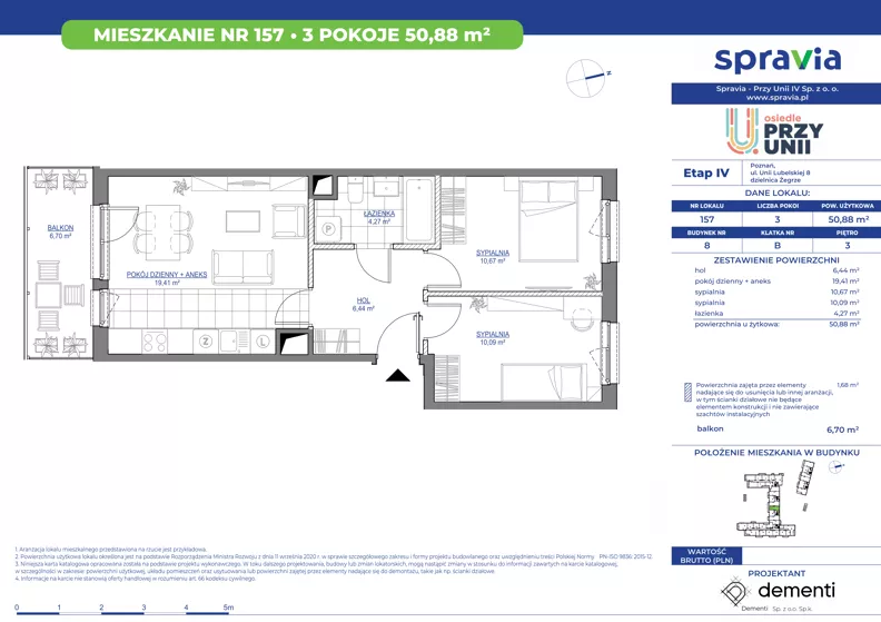3 pokoje, mieszkanie 50,88 m², piętro 3, oferta nr 1/157, Przy Unii IV, Poznań, Żegrze, ul. Wagrowska