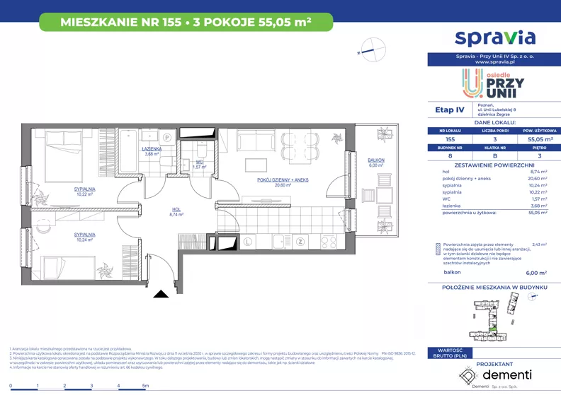 3 pokoje, mieszkanie 55,05 m², piętro 3, oferta nr 1/155, Przy Unii IV, Poznań, Żegrze, ul. Wagrowska