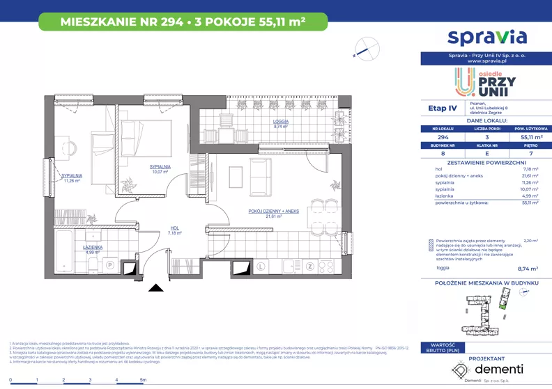 3 pokoje, mieszkanie 55,11 m², piętro 7, oferta nr 1/294, Przy Unii IV, Poznań, Żegrze, ul. Wagrowska