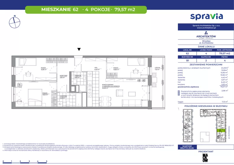 4 pokoje, mieszkanie 79,57 m², piętro 4, oferta nr B1/62, Architektów, Wrocław, Al. Architektów 22-30