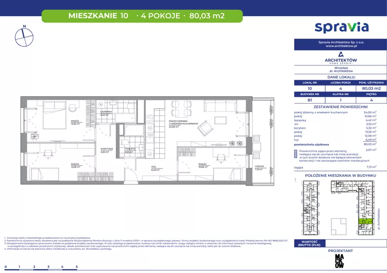 4 pokoje, mieszkanie 80,04 m², piętro 4, oferta nr B1/10, Architektów, Wrocław, Al. Architektów 22-30