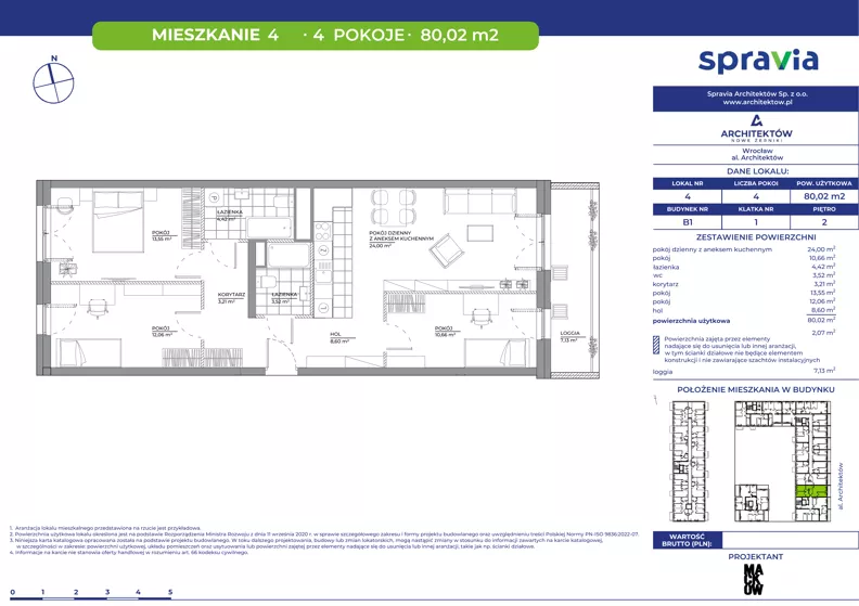4 pokoje, mieszkanie 80,02 m², piętro 2, oferta nr B1/4, Architektów, Wrocław, Al. Architektów 22-30