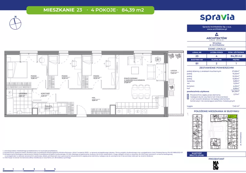 4 pokoje, mieszkanie 84,39 m², piętro 1, oferta nr B1/23, Architektów, Wrocław, Al. Architektów 22-30