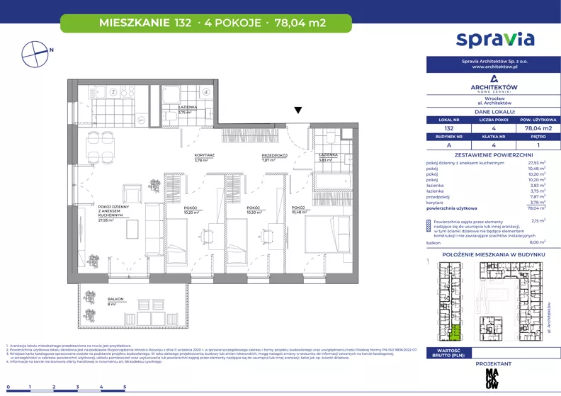 4 pokoje, mieszkanie 78,04 m², piętro 1, oferta nr A/132, Architektów, Wrocław, Al. Architektów 22-30