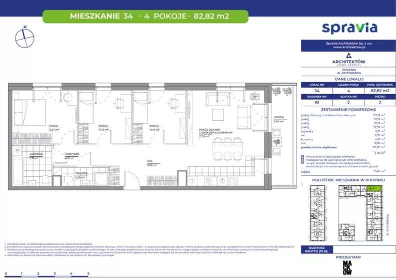 4 pokoje, mieszkanie 82,82 m², piętro 2, oferta nr B1/34, Architektów, Wrocław, Al. Architektów 22-30