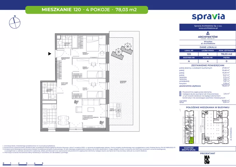 4 pokoje, mieszkanie 78,03 m², parter, oferta nr A/120, Architektów, Wrocław, Al. Architektów 22-30