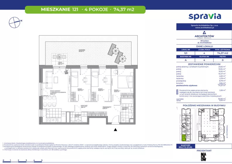 4 pokoje, mieszkanie 74,37 m², parter, oferta nr A/121, Architektów, Wrocław, Al. Architektów 22-30