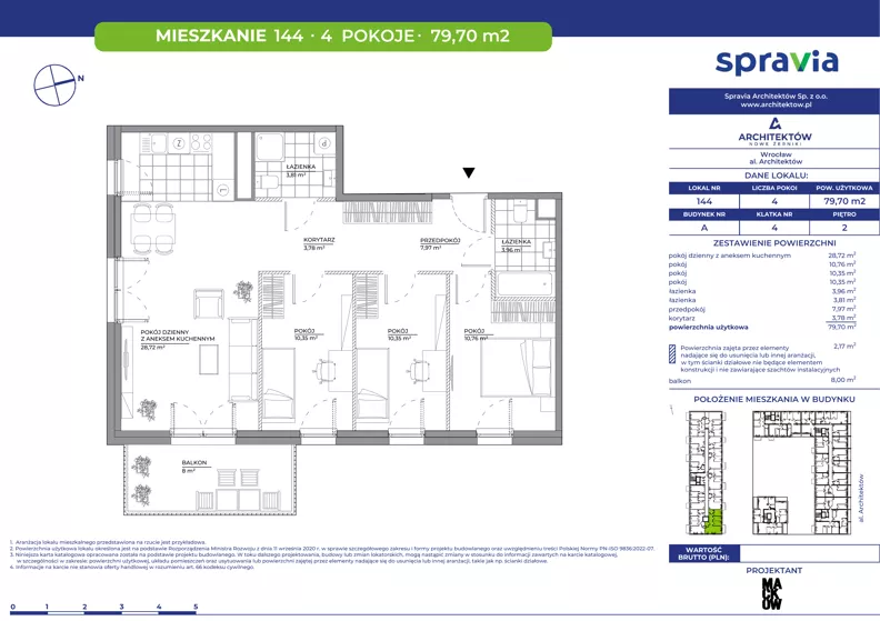 4 pokoje, mieszkanie 79,70 m², piętro 2, oferta nr A/144, Architektów, Wrocław, Al. Architektów 22-30