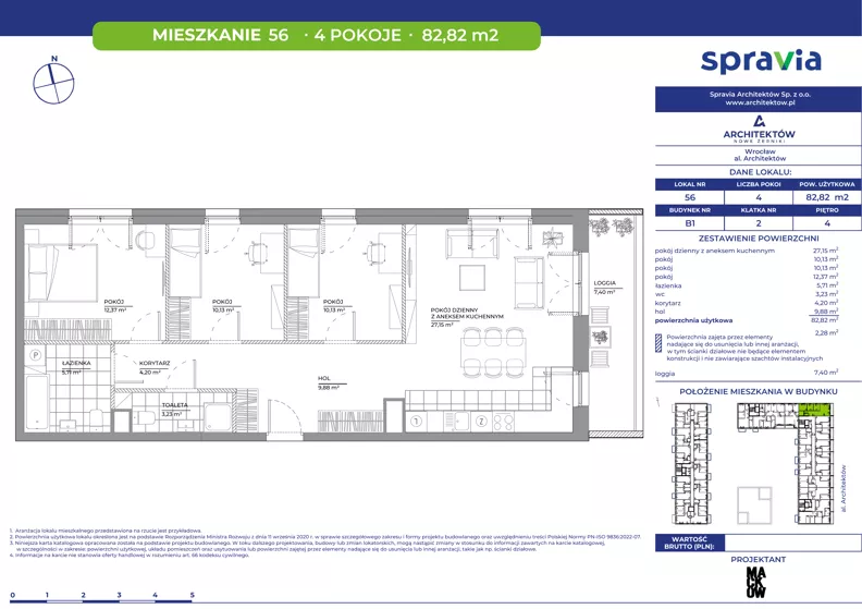 4 pokoje, mieszkanie 82,82 m², piętro 4, oferta nr B1/56, Architektów, Wrocław, Al. Architektów 22-30