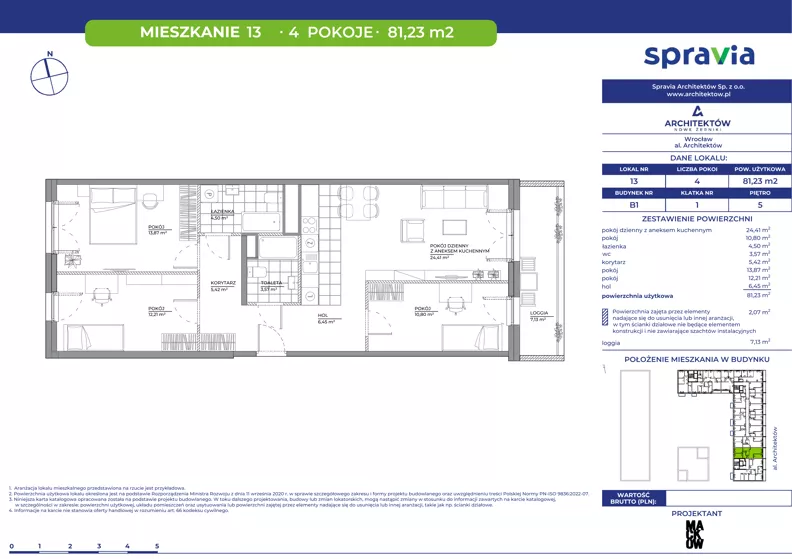 4 pokoje, mieszkanie 81,23 m², piętro 5, oferta nr B1/13, Architektów, Wrocław, Al. Architektów 22-30