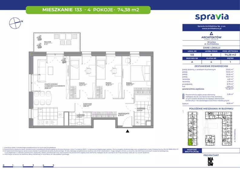 4 pokoje, mieszkanie 74,38 m², piętro 1, oferta nr A/133, Architektów, Wrocław, Al. Architektów 22-30