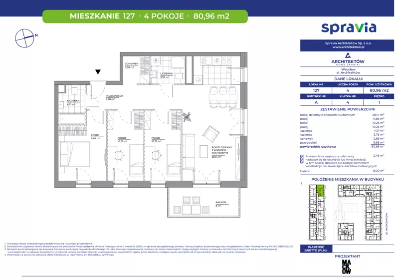 4 pokoje, mieszkanie 80,96 m², piętro 1, oferta nr A/127, Architektów, Wrocław, Al. Architektów 22-30