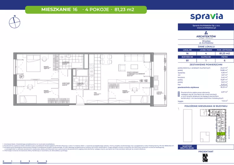 4 pokoje, mieszkanie 81,23 m², piętro 6, oferta nr B1/16, Architektów, Wrocław, Al. Architektów 22-30