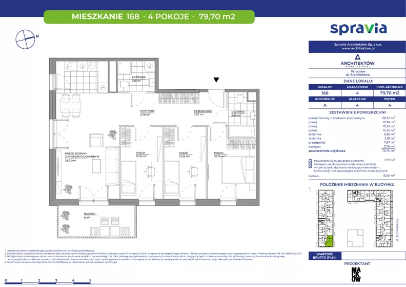 4 pokoje, mieszkanie 79,70 m², piętro 4, oferta nr A/168, Architektów, Wrocław, Al. Architektów 22-30