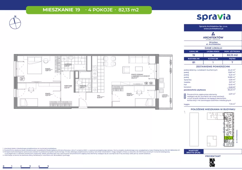 4 pokoje, mieszkanie 82,13 m², piętro 7, oferta nr B1/19, Architektów, Wrocław, Al. Architektów 22-30