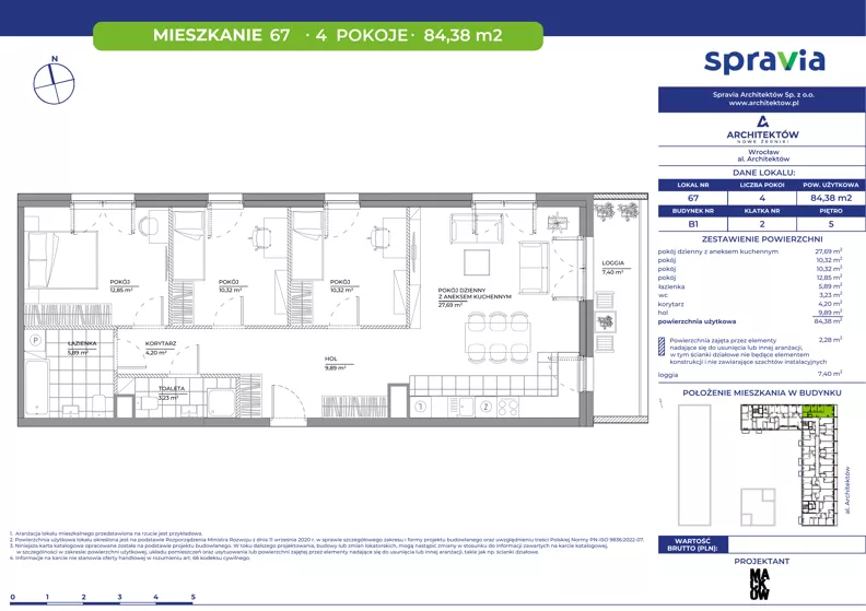 4 pokoje, mieszkanie 84,38 m², piętro 5, oferta nr B1/67, Architektów, Wrocław, Al. Architektów 22-30