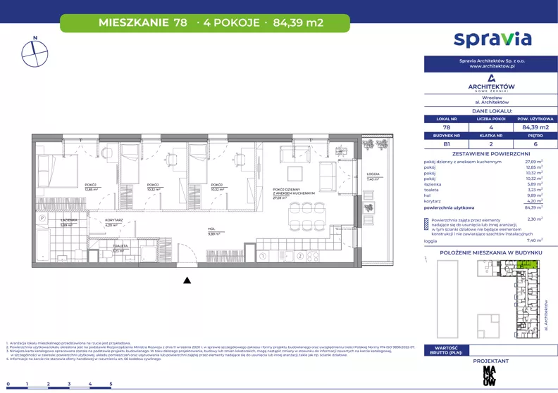 4 pokoje, mieszkanie 84,39 m², piętro 6, oferta nr B1/78, Architektów, Wrocław, Al. Architektów 22-30