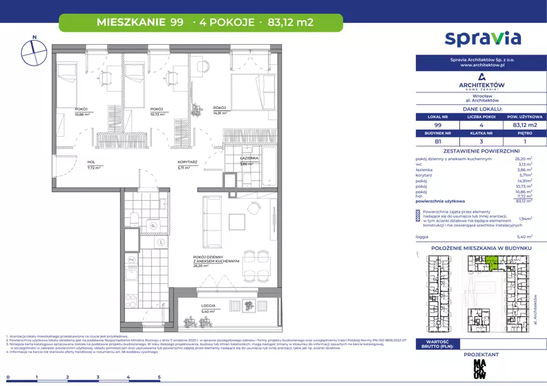 4 pokoje, mieszkanie 83,12 m², piętro 1, oferta nr B1/99, Architektów, Wrocław, Al. Architektów 22-30