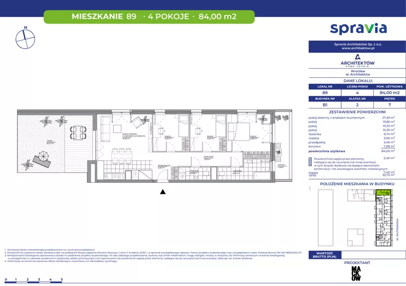 4 pokoje, mieszkanie 84,00 m², piętro 7, oferta nr B1/89, Architektów, Wrocław, Al. Architektów 22-30