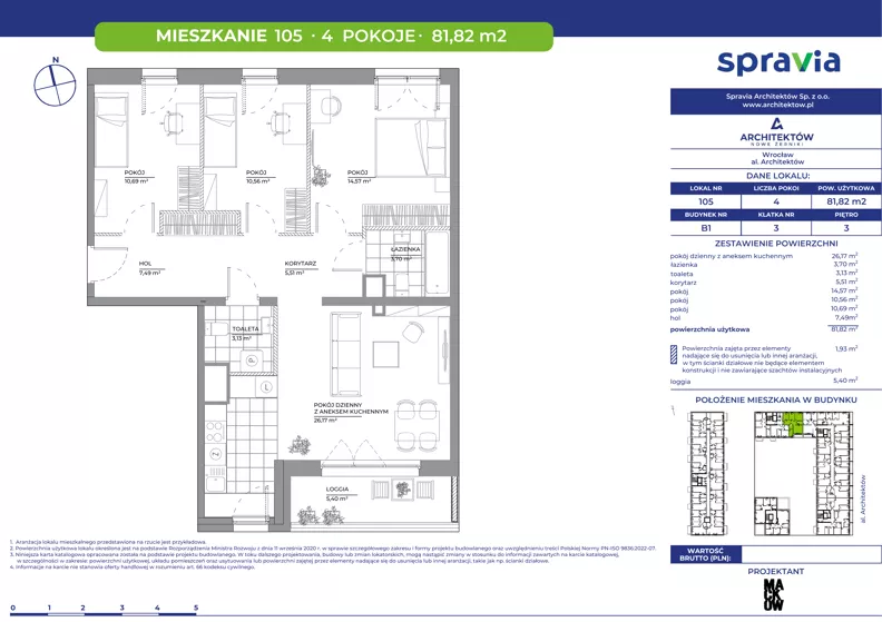 4 pokoje, mieszkanie 81,82 m², piętro 3, oferta nr B1/105, Architektów, Wrocław, Al. Architektów 22-30