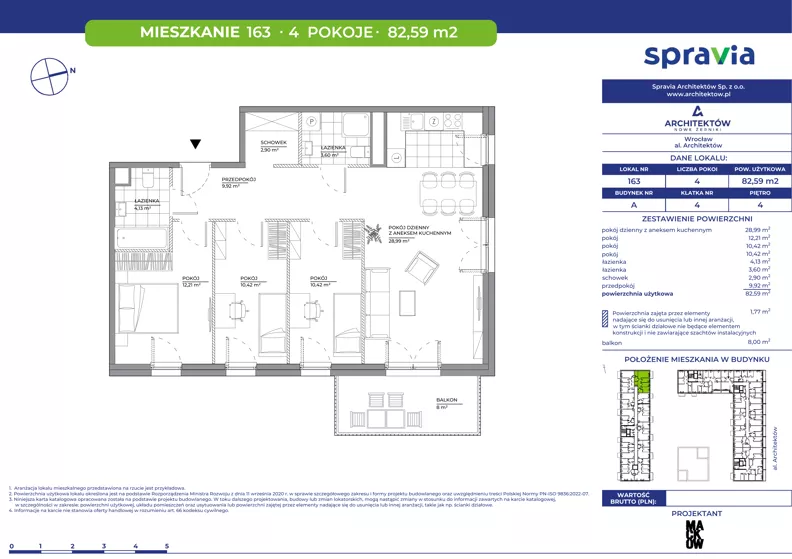 4 pokoje, mieszkanie 82,59 m², piętro 4, oferta nr A/163, Architektów, Wrocław, Al. Architektów 22-30