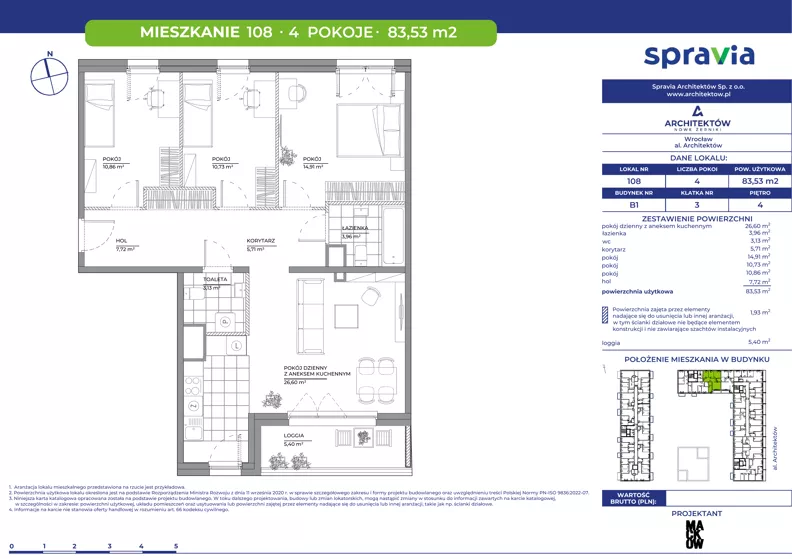 4 pokoje, mieszkanie 83,53 m², piętro 4, oferta nr B1/108, Architektów, Wrocław, Al. Architektów 22-30