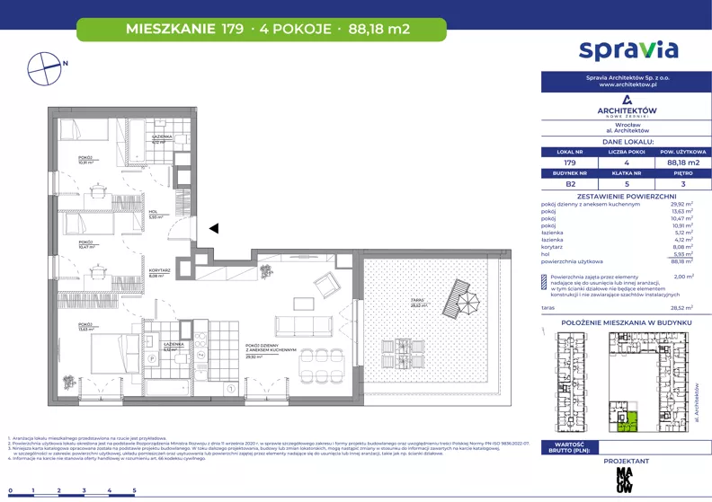 4 pokoje, mieszkanie 88,18 m², piętro 3, oferta nr B2/179, Architektów, Wrocław, Al. Architektów 22-30