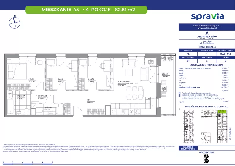 4 pokoje, mieszkanie 82,81 m², piętro 3, oferta nr B1/45, Architektów, Wrocław, Al. Architektów 22-30