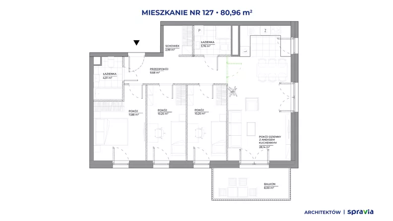 4 pokoje, mieszkanie 80,96 m², piętro 1, oferta nr A/127, Architektów, Wrocław, Żerniki, Al. Architektów 22-30