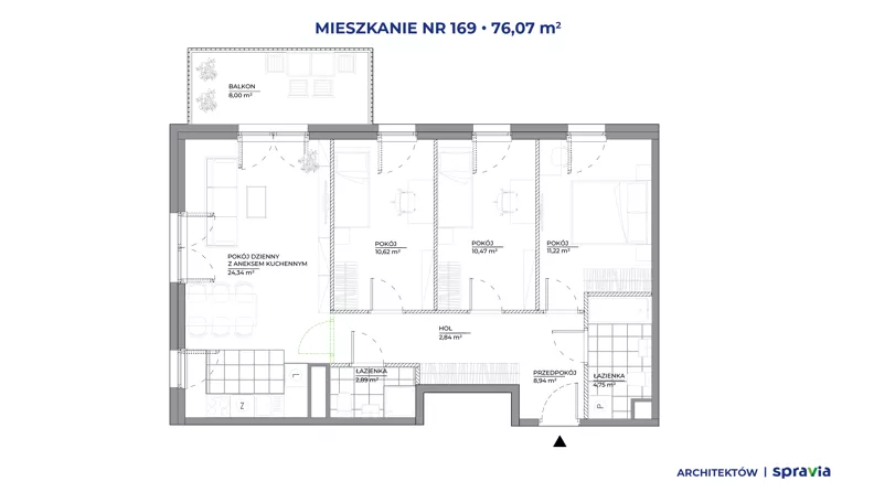 4 pokoje, mieszkanie 76,07 m², piętro 4, oferta nr A/169, Architektów, Wrocław, Żerniki, Al. Architektów 22-30