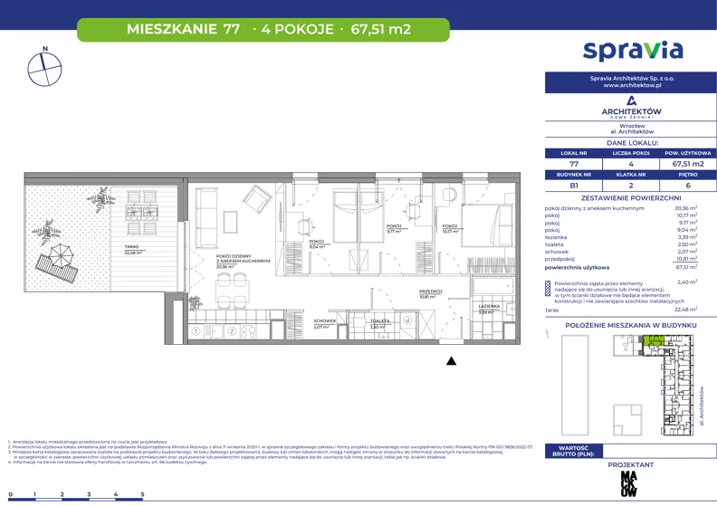 4 pokoje, mieszkanie 67,51 m², piętro 6, oferta nr B1/77, Architektów, Wrocław, Żerniki, Al. Architektów 22-30
