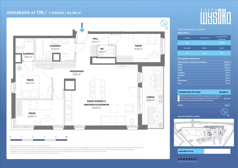 4 pokoje, mieszkanie 84,08 m², piętro 16, oferta nr A1/136, Zaspa Wysoko, Gdańsk, Zaspa, Zaspa-Młyniec, aleja Jana Pawła II