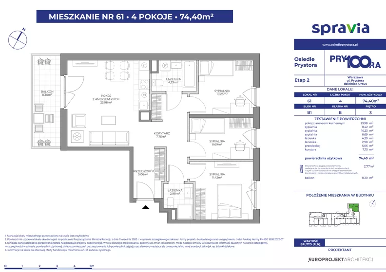 4 pokoje, mieszkanie 74,40 m², piętro 3, oferta nr 1/61, Osiedle Prystora II, Warszawa, Ursus, Skorosze, ul. Aleksandra Prystora 2