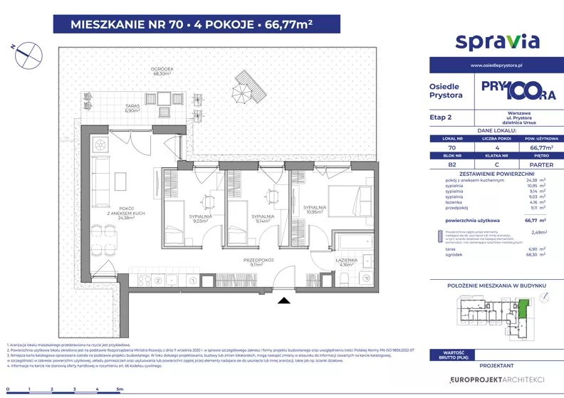 4 pokoje, mieszkanie 66,77 m², parter, oferta nr 2/70, Osiedle Prystora II, Warszawa, Ursus, Skorosze, ul. Aleksandra Prystora 2