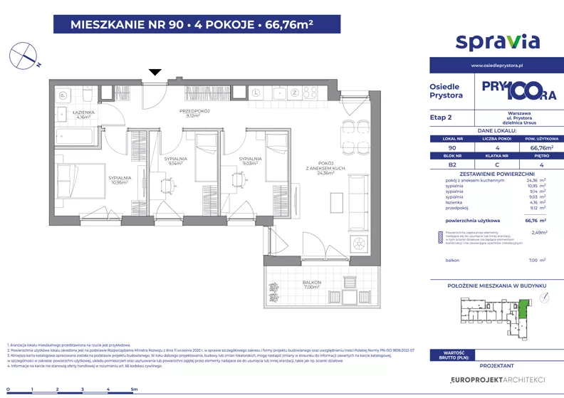 4 pokoje, mieszkanie 66,76 m², piętro 4, oferta nr 2/90, Osiedle Prystora II, Warszawa, Ursus, Skorosze, ul. Aleksandra Prystora 2