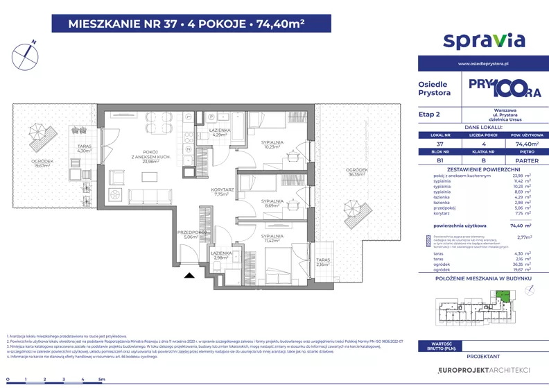 4 pokoje, mieszkanie 74,40 m², parter, oferta nr 1/37, Osiedle Prystora II, Warszawa, Ursus, Skorosze, ul. Aleksandra Prystora 2