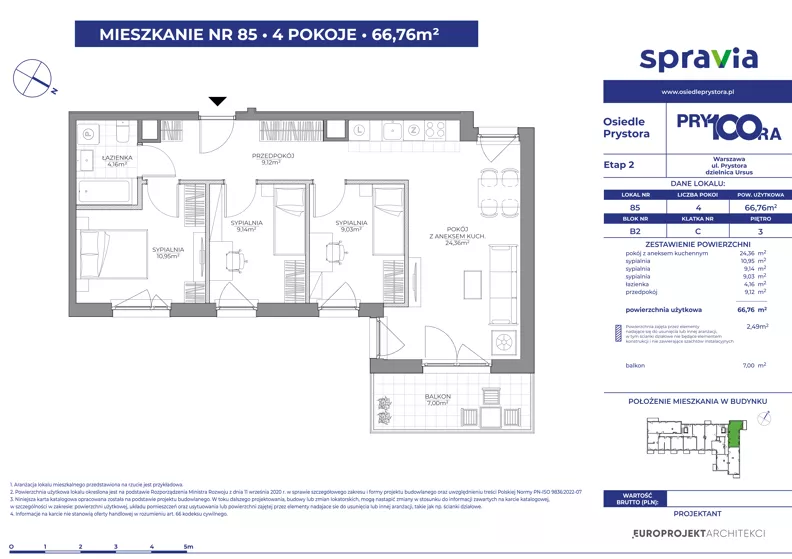 4 pokoje, mieszkanie 66,76 m², piętro 3, oferta nr 2/85, Osiedle Prystora II, Warszawa, Ursus, Skorosze, ul. Aleksandra Prystora 2
