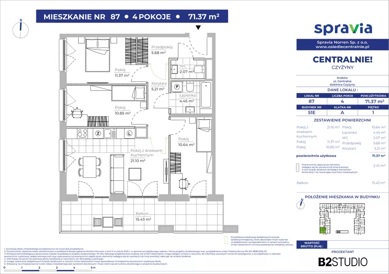 4 pokoje, mieszkanie 71,37 m², piętro 1, oferta nr 51E/87, Osiedle Centralnie!, Kraków, Czyżyny, Łęg, ul. Centralna 51D, 51E