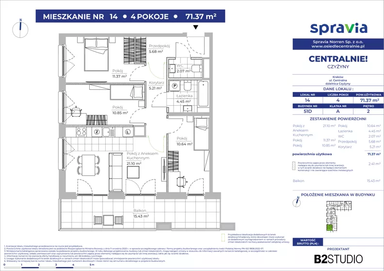4 pokoje, mieszkanie 71,37 m², piętro 2, oferta nr 51D/14, Osiedle Centralnie!, Kraków, Czyżyny, Łęg, ul. Centralna 51D, 51E