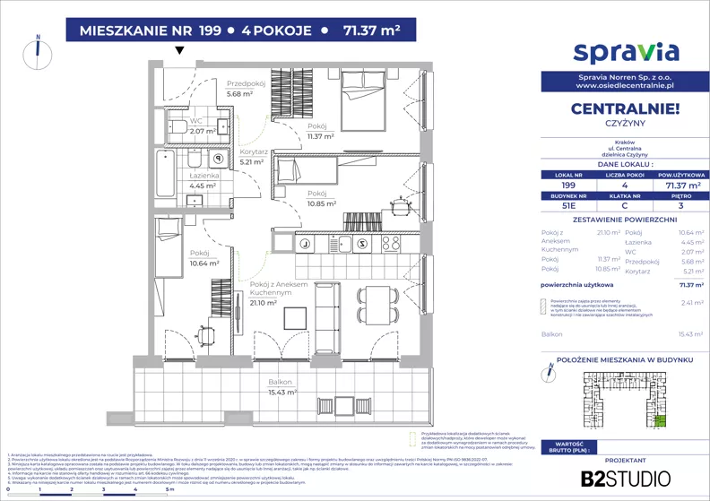 4 pokoje, mieszkanie 71,37 m², piętro 3, oferta nr 51E/199, Osiedle Centralnie!, Kraków, Czyżyny, Łęg, ul. Centralna 51D, 51E