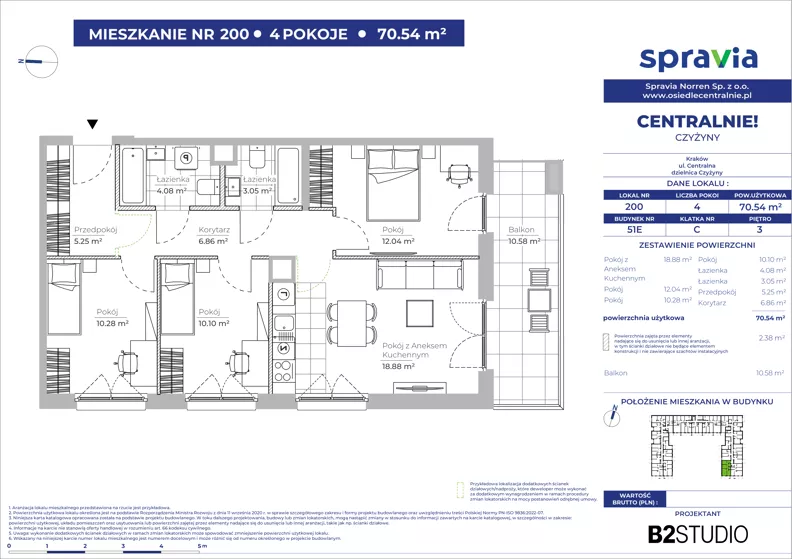 4 pokoje, mieszkanie 70,54 m², piętro 3, oferta nr 51E/200, Osiedle Centralnie!, Kraków, Czyżyny, Łęg, ul. Centralna 51D, 51E