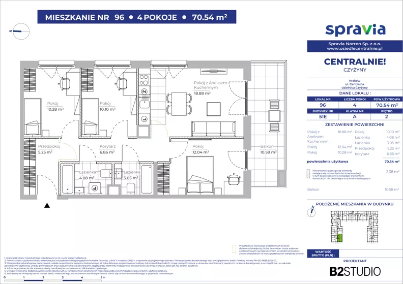 4 pokoje, mieszkanie 70,54 m², piętro 2, oferta nr 51E/96, Osiedle Centralnie!, Kraków, Czyżyny, Łęg, ul. Centralna 51D, 51E