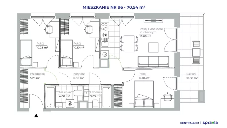 4 pokoje, mieszkanie 70,54 m², piętro 2, oferta nr 51E/96, Osiedle Centralnie!, Kraków, Czyżyny, Łęg, ul. Centralna 51D, 51E