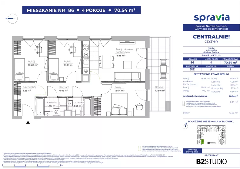 4 pokoje, mieszkanie 70,54 m², piętro 1, oferta nr 51E/86, Osiedle Centralnie!, Kraków, Czyżyny, Łęg, ul. Centralna 51D, 51E
