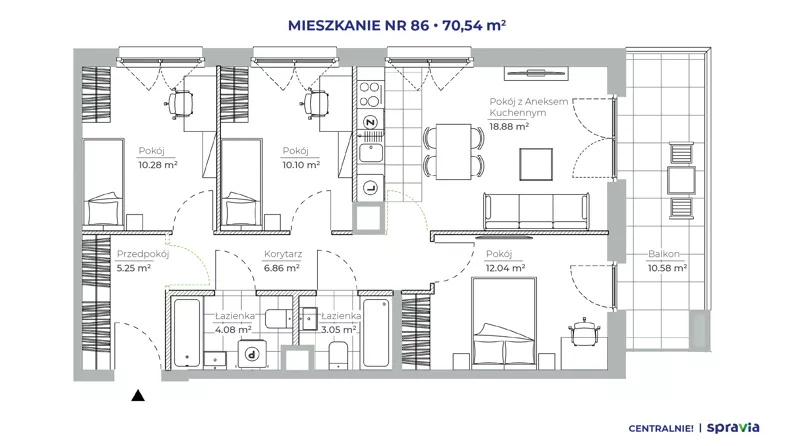 4 pokoje, mieszkanie 70,54 m², piętro 1, oferta nr 51E/86, Osiedle Centralnie!, Kraków, Czyżyny, Łęg, ul. Centralna 51D, 51E