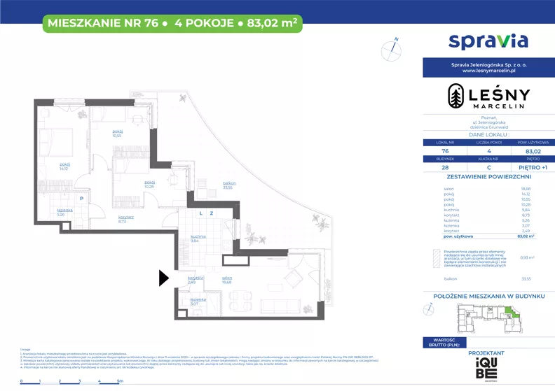 4 pokoje, mieszkanie 83,02 m², piętro 1, oferta nr 28/76, Leśny Marcelin, Poznań, Grunwald, Junikowo, ul. Jeleniogórska