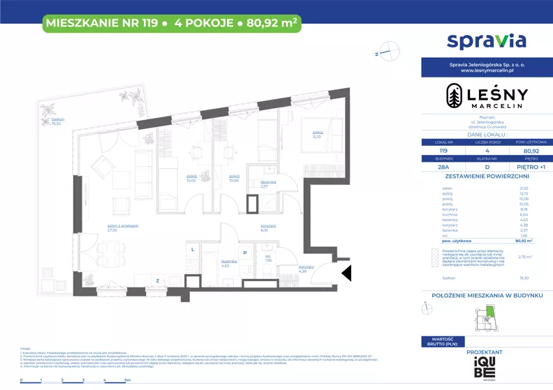 4 pokoje, mieszkanie 80,92 m², piętro 1, oferta nr 28A/119, Leśny Marcelin, Poznań, Grunwald, Junikowo, ul. Jeleniogórska