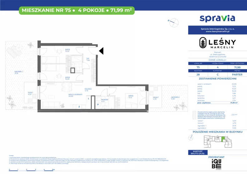 4 pokoje, mieszkanie 71,99 m², parter, oferta nr 28/75, Leśny Marcelin, Poznań, Grunwald, Junikowo, ul. Jeleniogórska