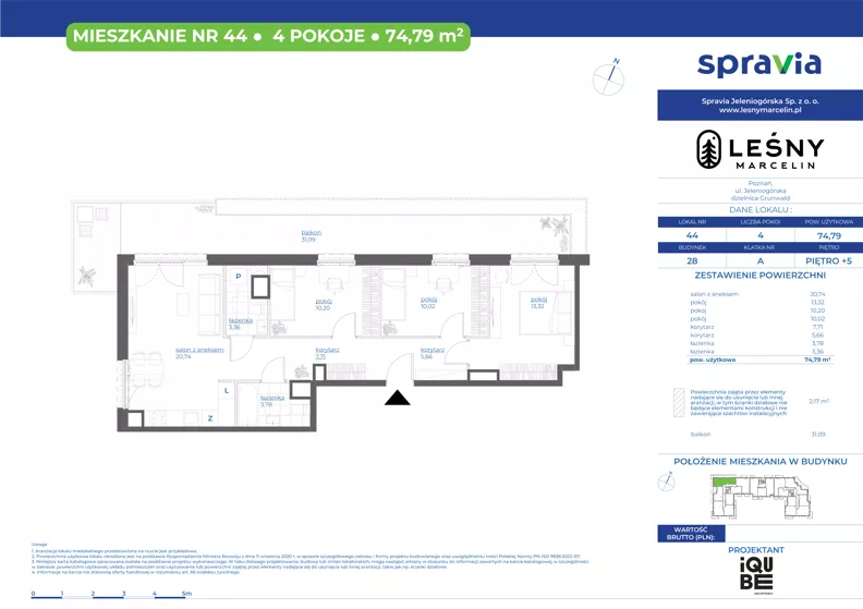 4 pokoje, mieszkanie 74,79 m², piętro 5, oferta nr 28/44, Leśny Marcelin, Poznań, Grunwald, Junikowo, ul. Jeleniogórska