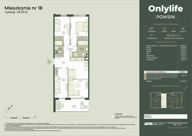 4 pokoje, mieszkanie 68,58 m², piętro 1, oferta nr B7/18, Apartamenty Onlylife, Warszawa, Wilanów, Powsin, ul. Łukasza Drewny/Potułkały